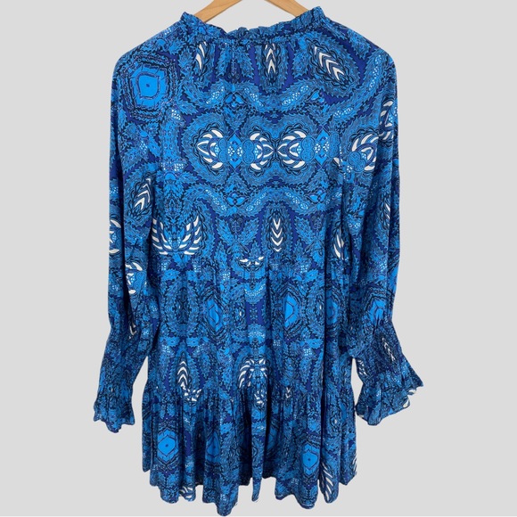 Figue Blue White Flowy Batik Print Bella Short Dress with Tassel Ties - Picture 3 of 10
